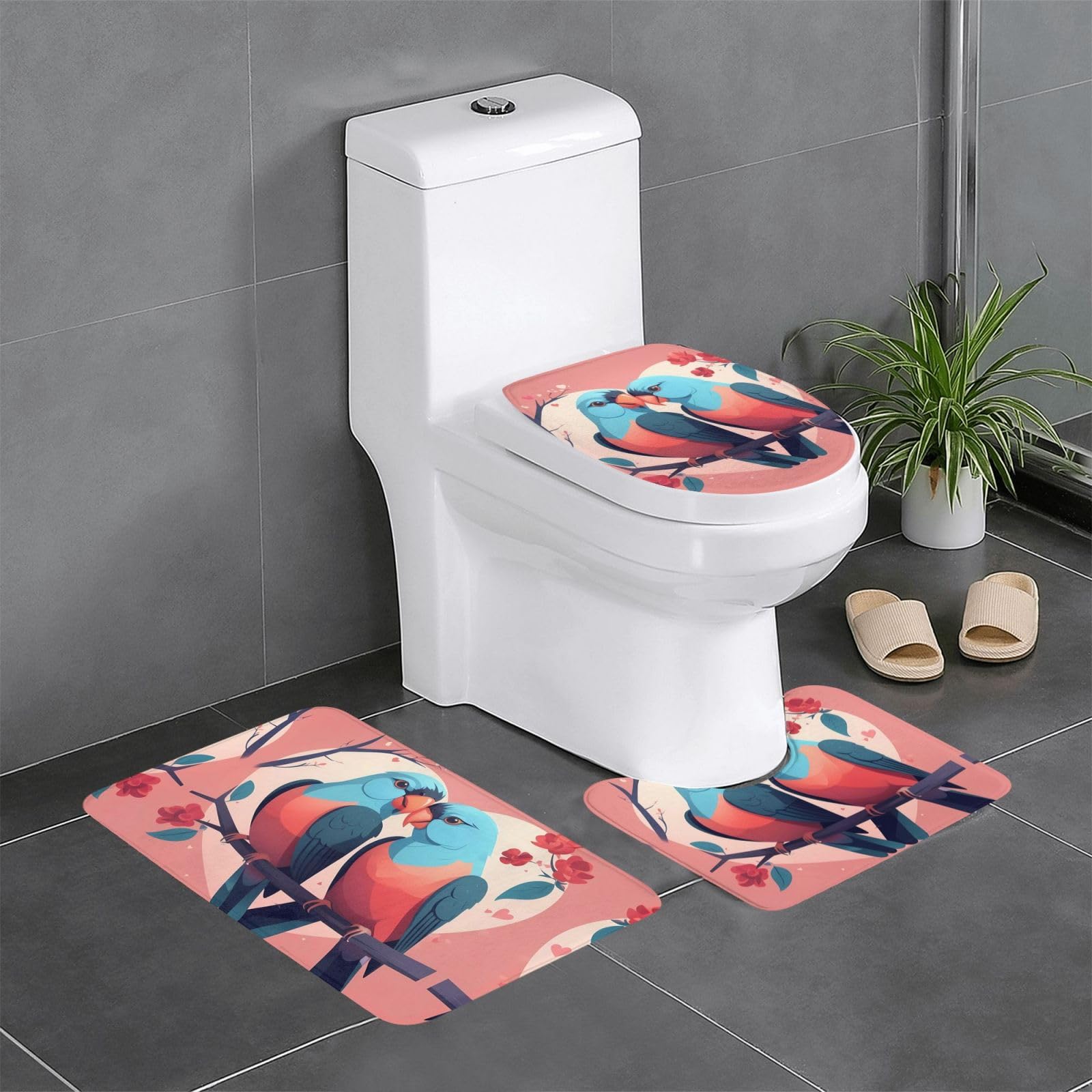 Tapis de salle de bain antidérapants motif oiseaux d'amour pour WC
