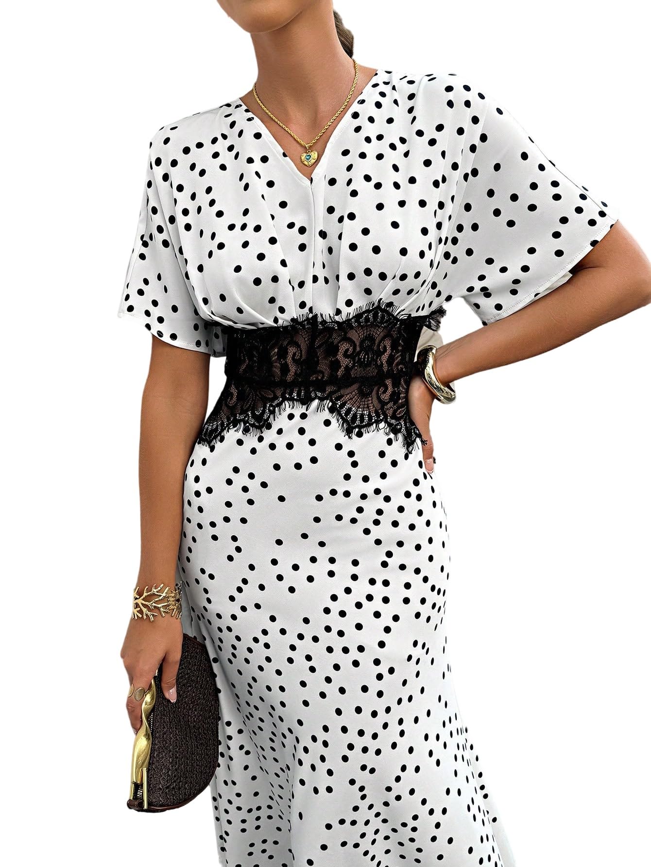 SweatyRocks Damen Kleid V Ausschnitt Maxikleid mit Polka Dots Muster Rüschenärmel Sommerkleid mit Spitze A Linien Cocktailkleid