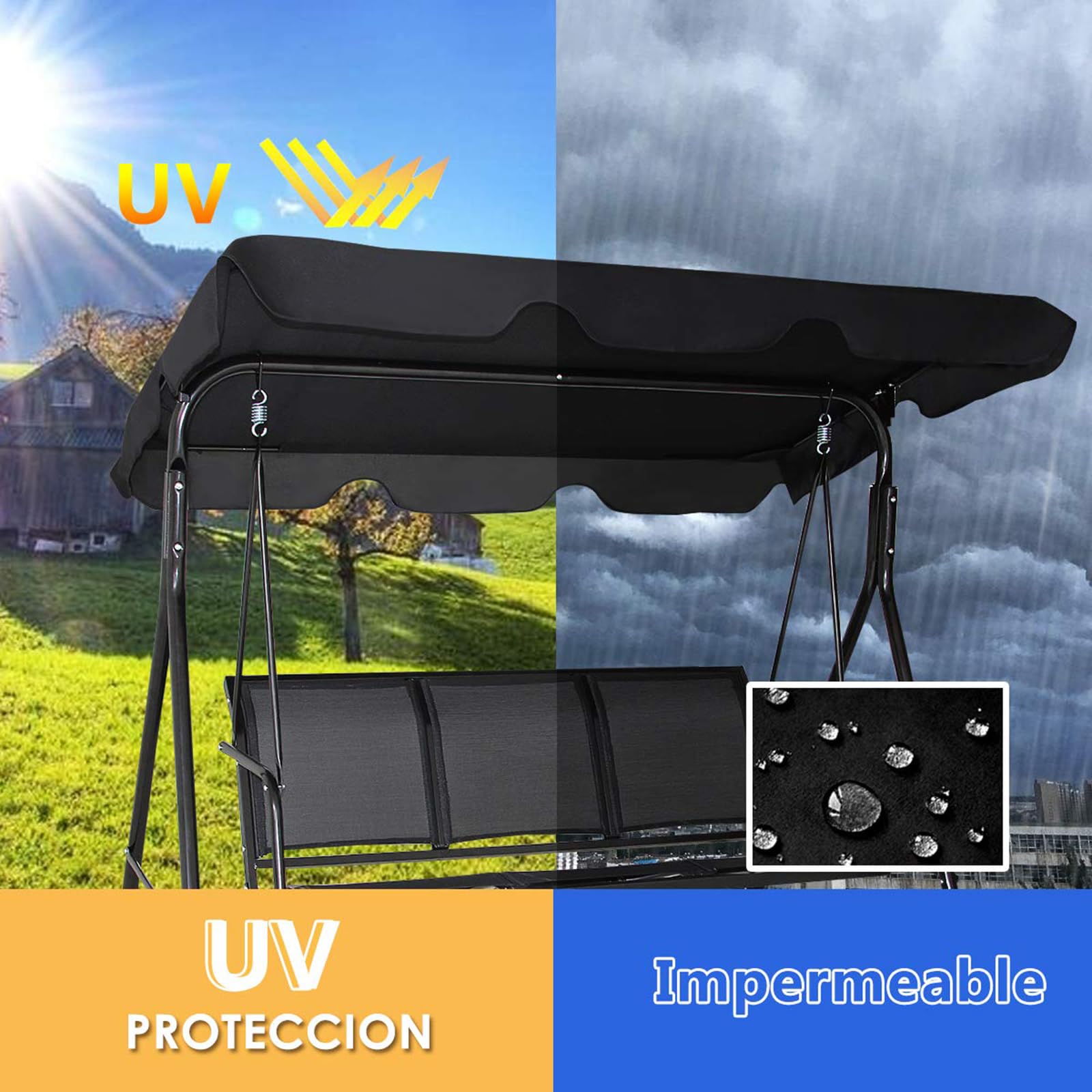 COSTWAY Columpio Jardin Exterior de 3 Plazas, Balancín con Toldo Adultos de Metal y Poliéster, Columpios de Porche con Parasol Ajustable para Exterior, 170 x 110 x 155 cm, Carga 210 kg, (Negro)