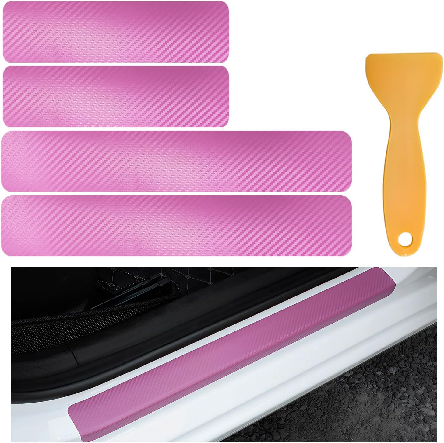 4PCS Car Door Sill Scuff Plate Protectors, 3D Carbon Fiber Auto Front Rear Door Entry Guard Strips, Anti-Scratch Threshold Cover Welcome Pedal Protector for Most Car Doors (Pink)