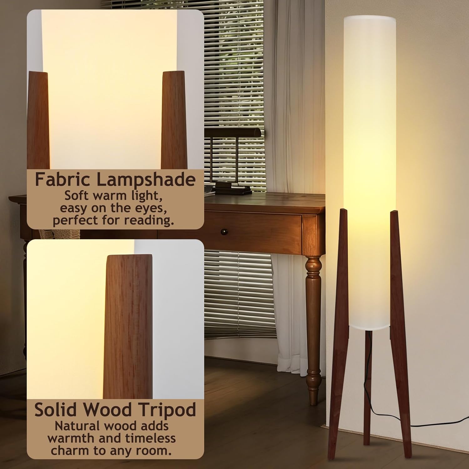 Wabi-sabi 50" Wooden Tripod Floor Lamp Linen Floor Light Round Fabric Tall Lamp with E26 Dimmable Wood Standing Light for Living Room Bedroom Study Sofa Area Tea Room(Includes Bulb)