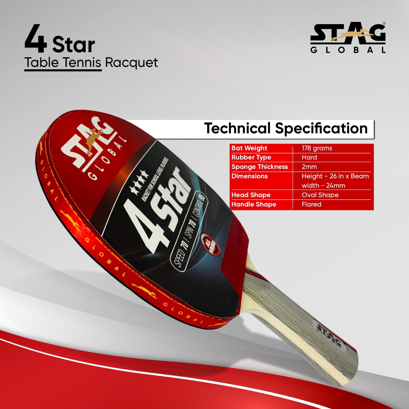 STAG GLOBAL 4 Star Table Tennis Racket | Lightweight ITTF Approved TT Racket | Speed 70, Spin 70, Control 95 | Durable Paddle for Intermediate & Recreational Players