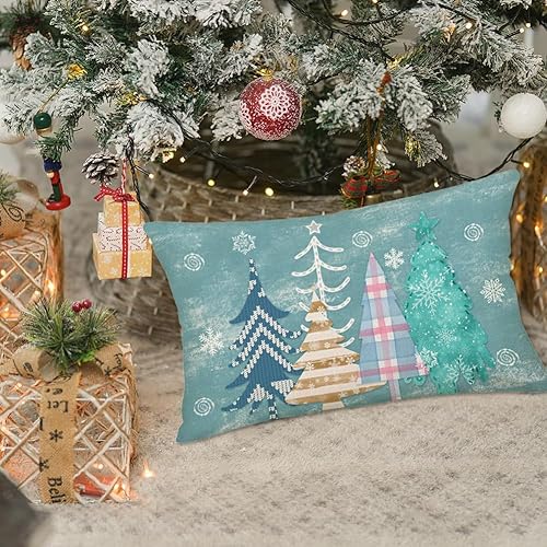Miniatura 3 de Merry Bright - Fundas de almohada lumbar con diseño de árboles de Navidad de 12 x 20 pulgadas, diseño de copos de nieve blancos, fundas de almohada