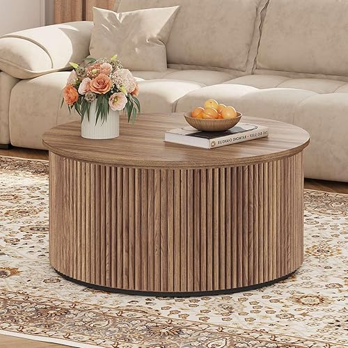 Miniatura 10 de FATORRI - Mesa de centro redonda, mesa central de madera acanalada con almacenamiento, mesas de cóctel modernas de mediados de siglo para espacios