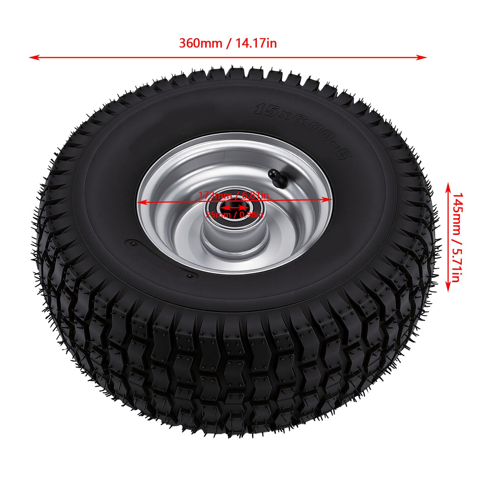 15x6.00-6 Opona Bezdętkowa 6 Cali, Antypoślizgowe Koła Gokartowe z piastą ze Stopu Aluminium 25mm łożysko do Mini Roweru ATV Kosiarka