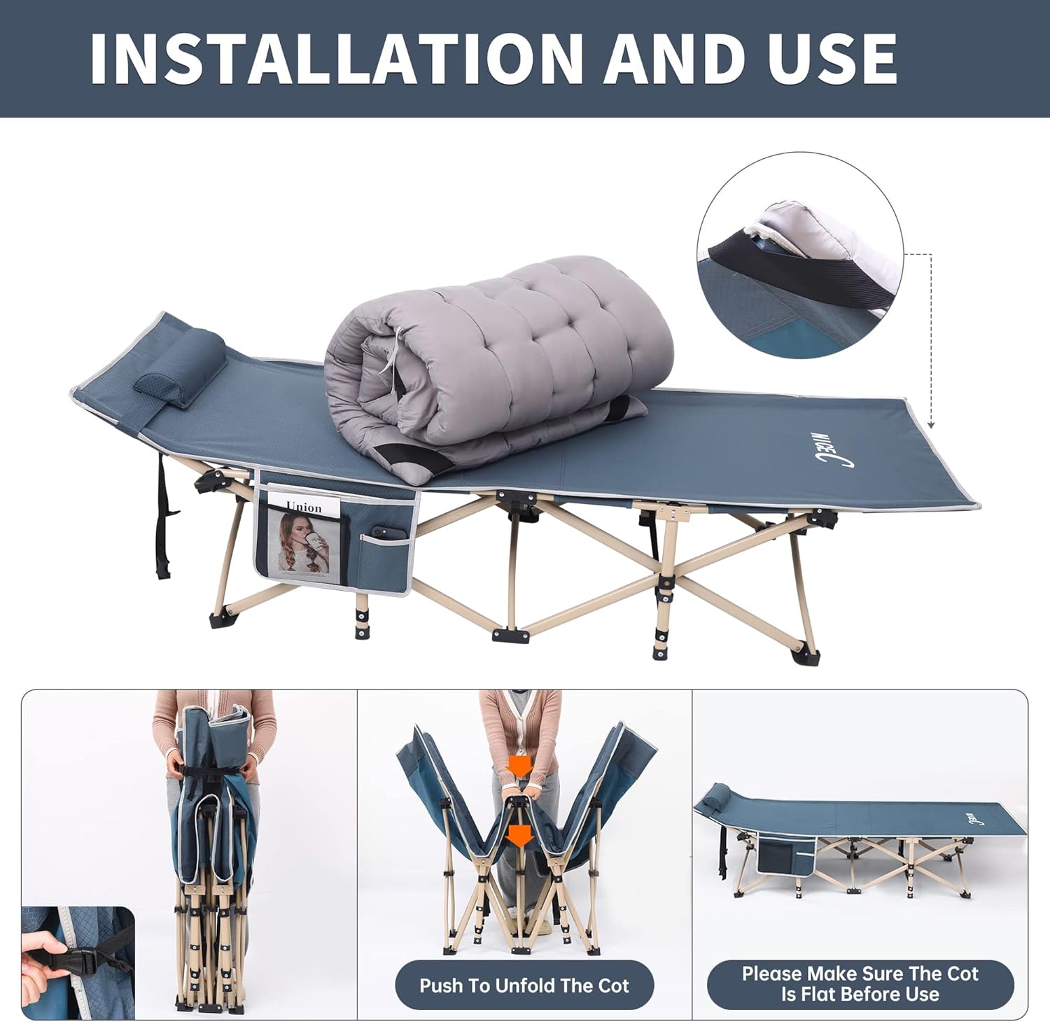Nice C Heated Cot with Battery, Heated Camping Cots with Cushion, Folding Cots with Mattress for Adults, with Pillow, Carry Bag & Storage Pocket, Extra Wide Sturdy, Up to 500 Lbs (2 Pack, Grey)
