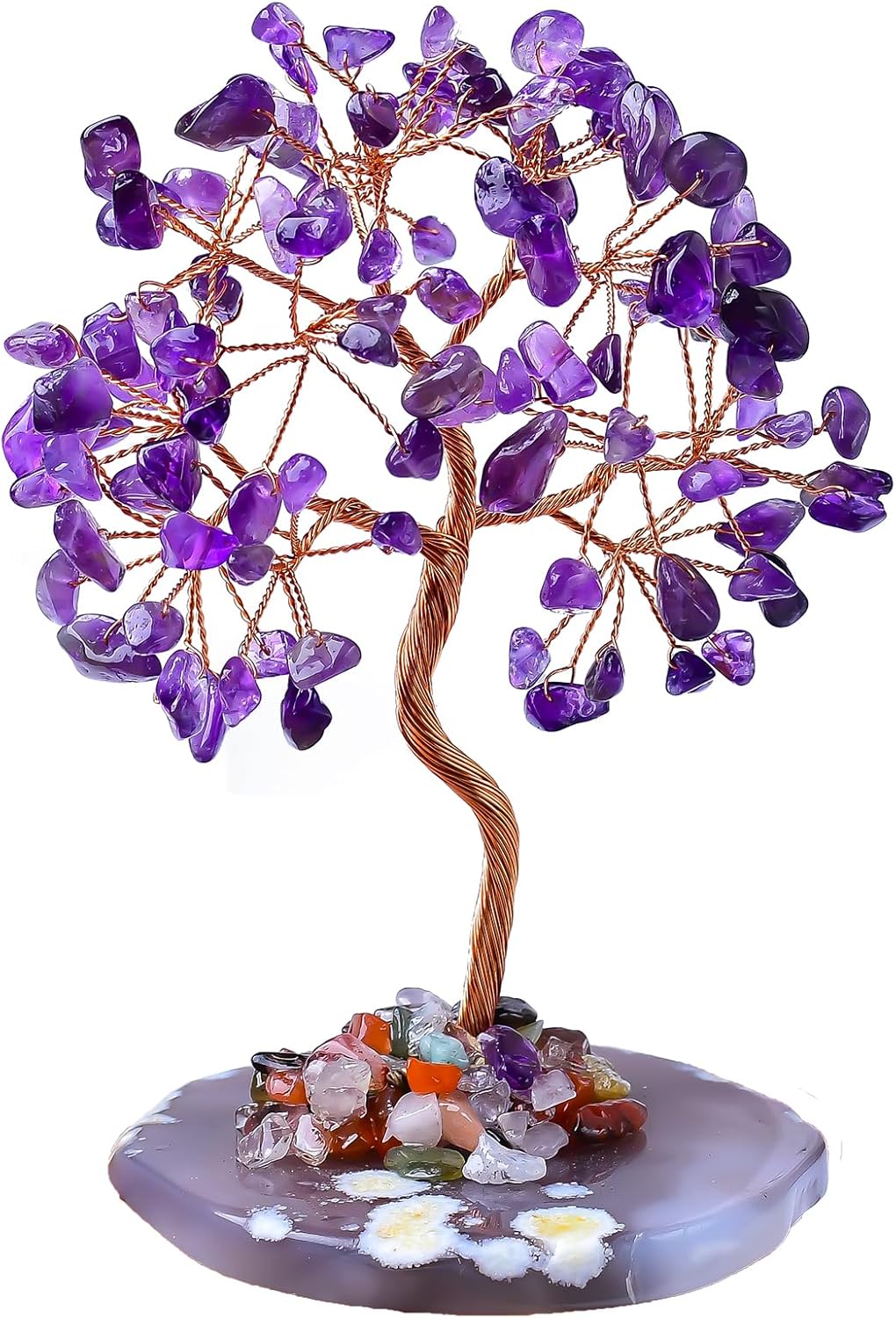 Natural Amethyst Healing Crystal Tree of Life with Agate Base, Handmade Spiritual Decor for Positive Energy, Meditation Gifts for Women, Mom, Home & Office