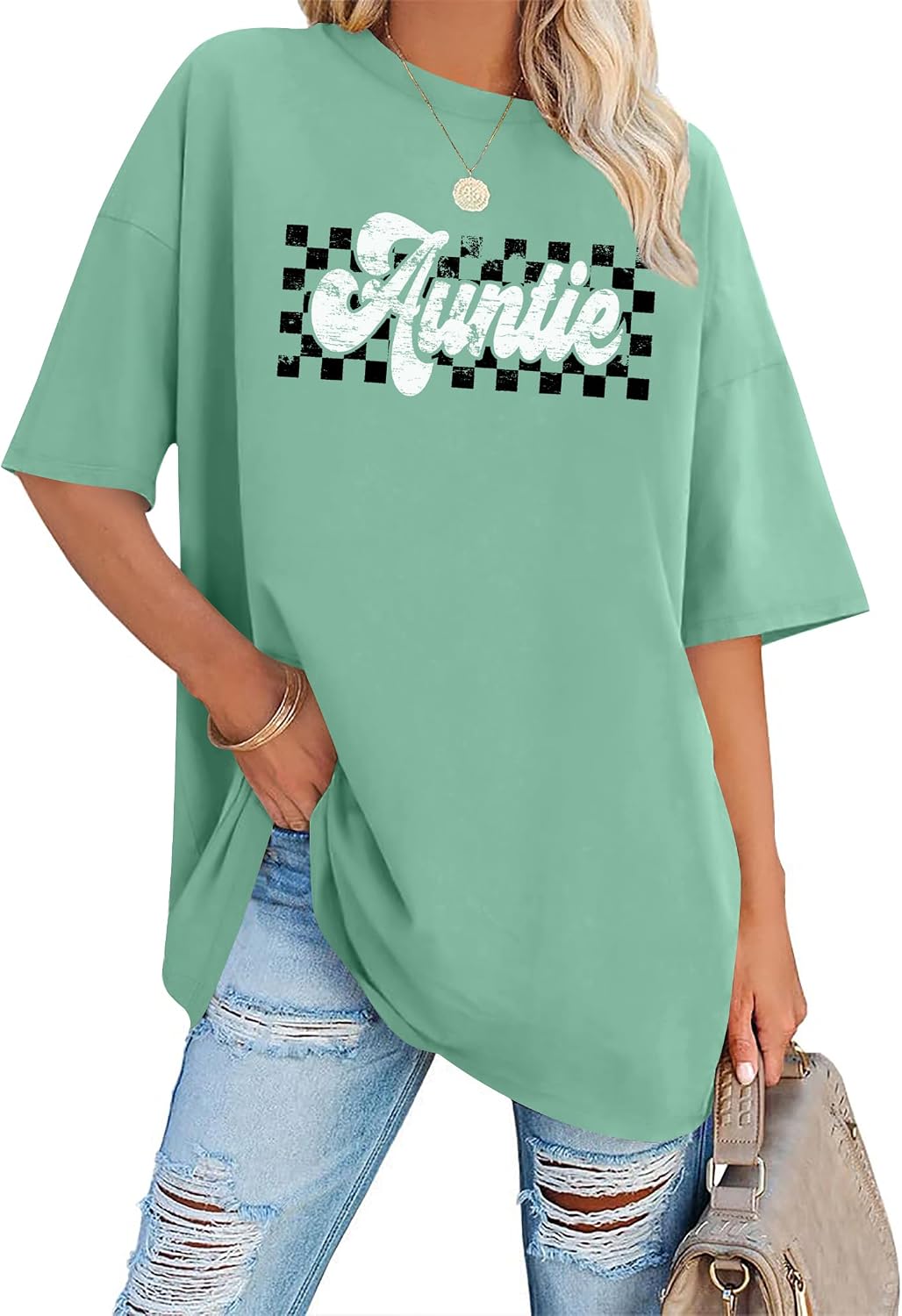 VVNTY Auntie Shirts for Women: Oversized Aunt T-Shirt Auntie Letter Print Short Sleeve Tops image 2