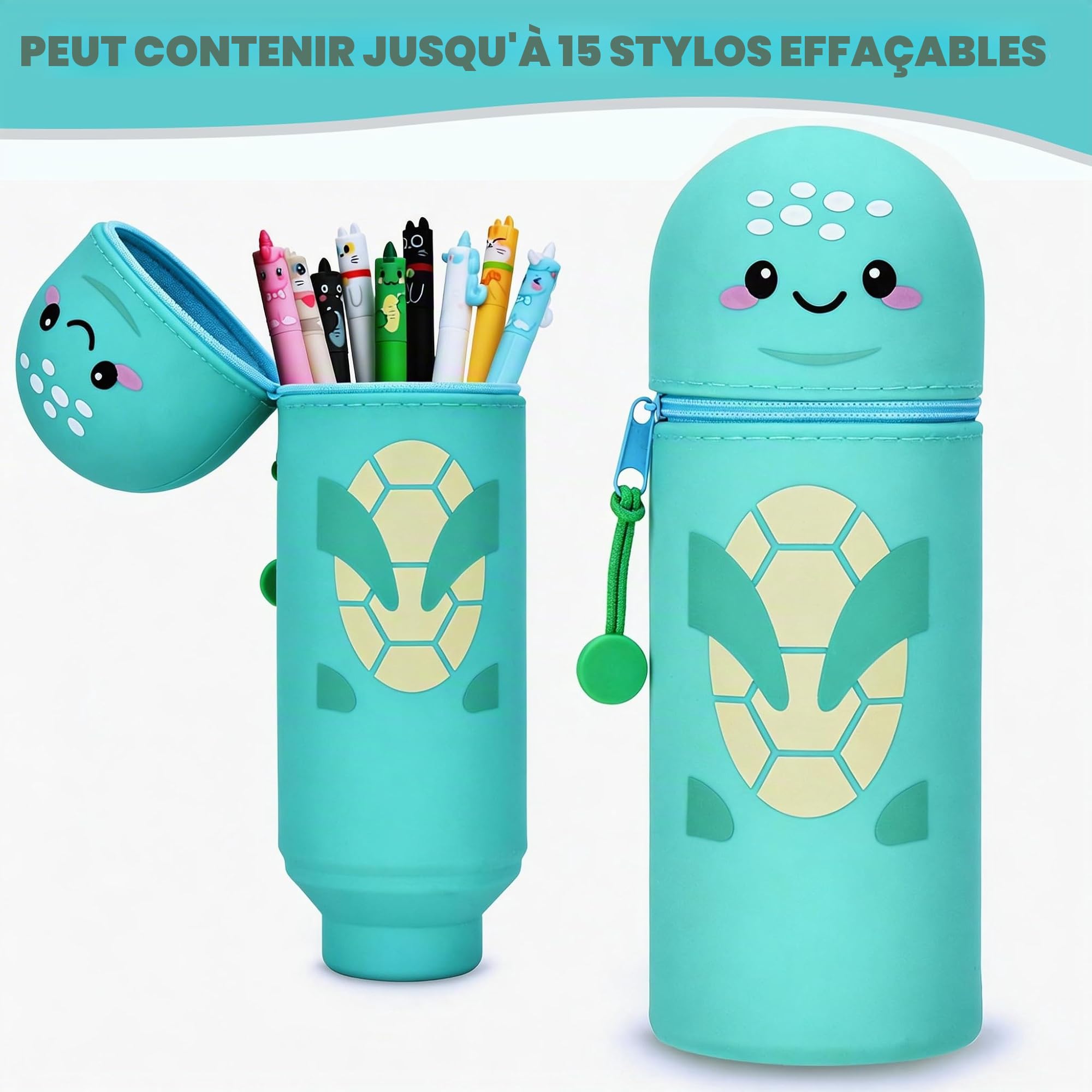 Kawaii Trousse 2 en 1 silicone souple - Porte-crayons de table, fermeture éclair, H 18,5 cm