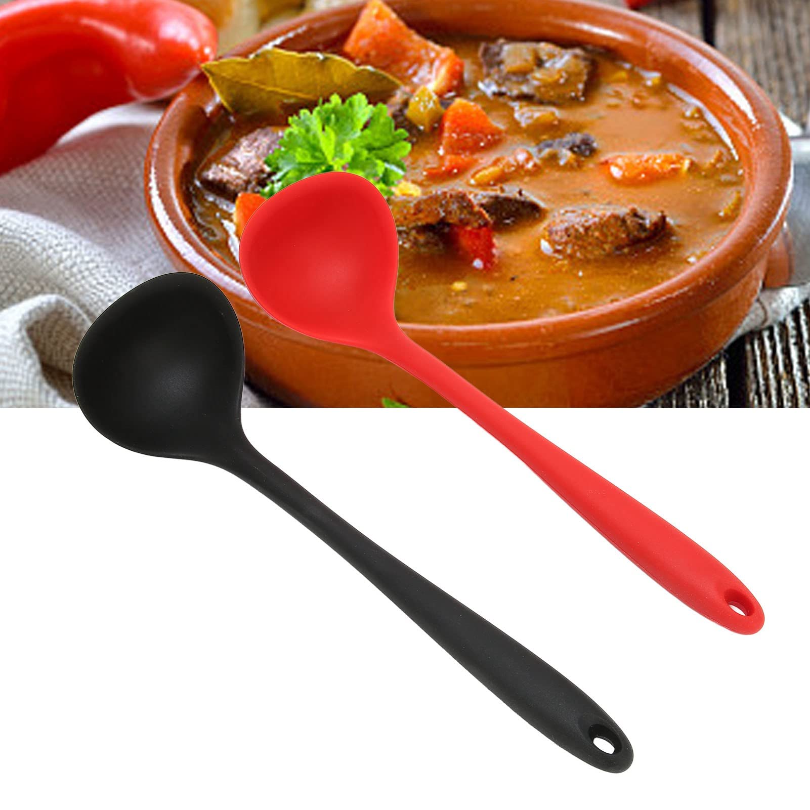 Multifunctional Black and Red Silicone Soup Spoon Silicone Soup Spoon Multifunctional Spoon for Kitchen Cooking Silicone Kitchen Cooking Spoon with Round Hanging Hole