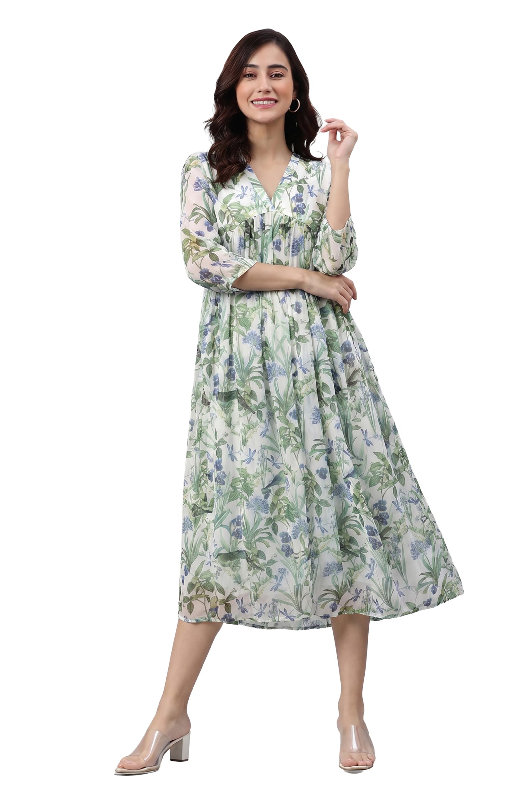 janasya Women's Off White Chiffon Leaf Printed A-Line Dress-picture-24