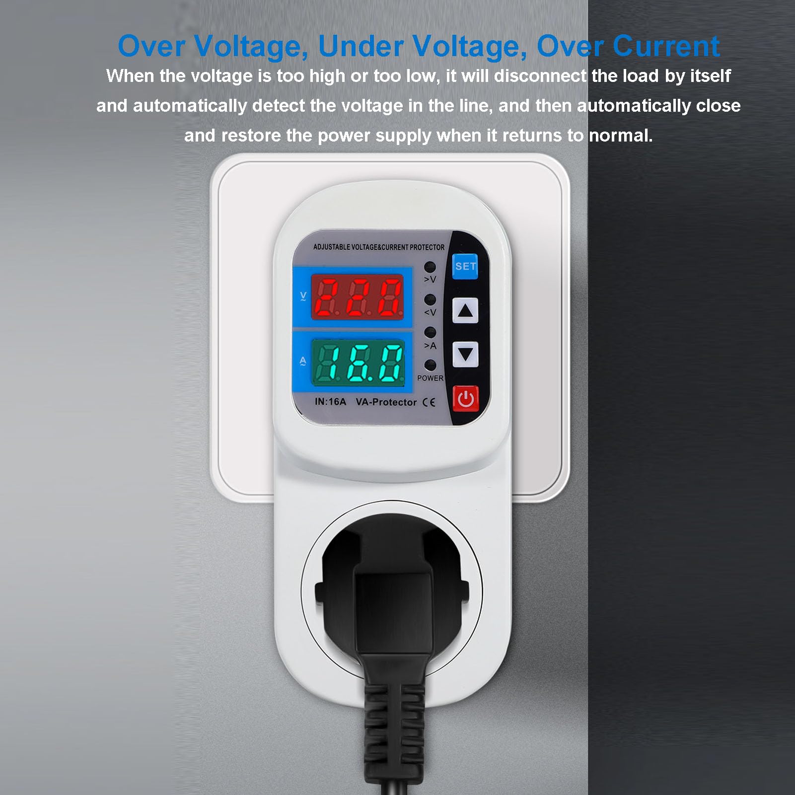 Protector Digital de Salida 16A Regulador de Voltaje Ajustable Protector de Corriente Automático con Pantalla LED para el Hogar