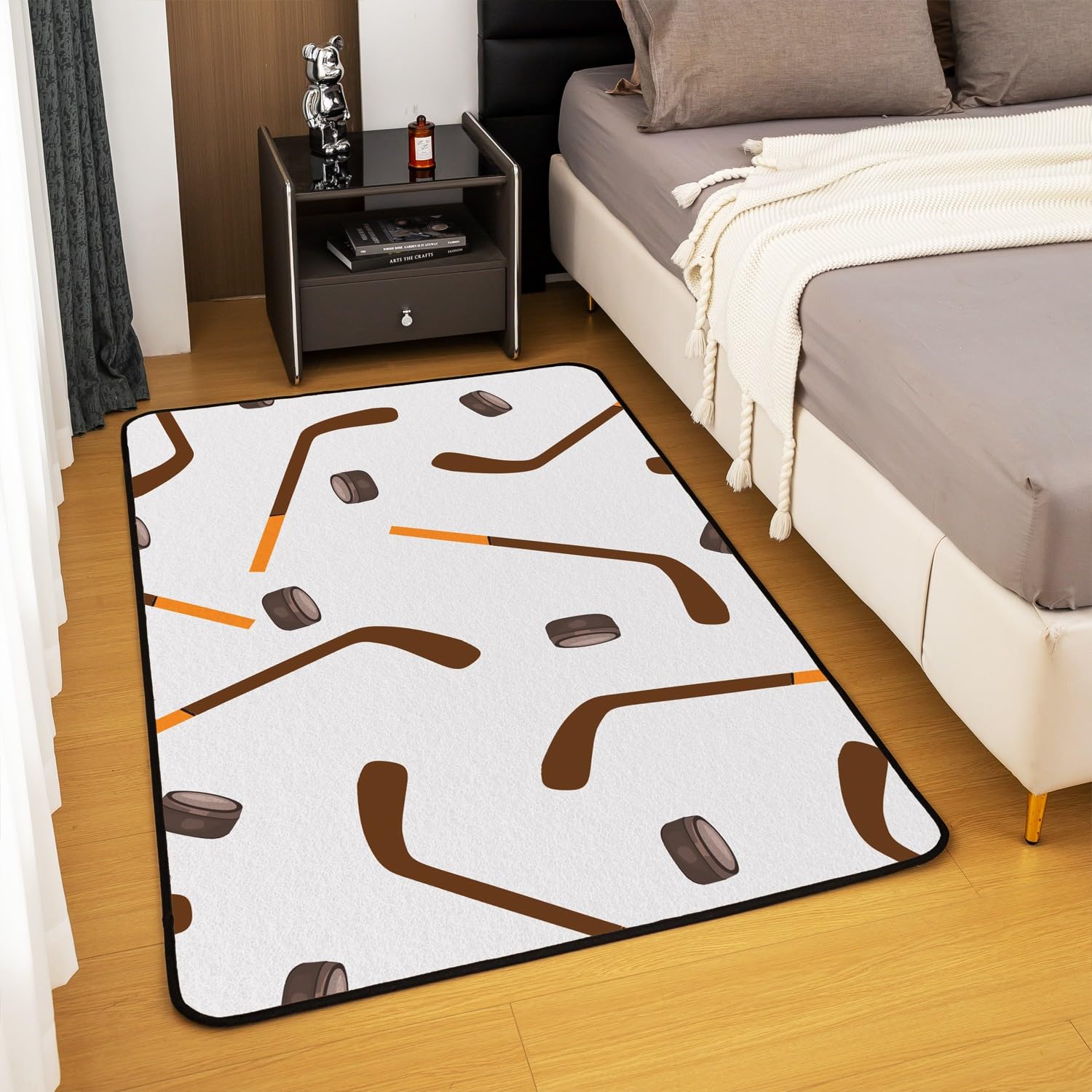 Loussiesd Alfombra decorativa gris de hockey sobre hielo, 150 x 200 cm, con dibujos animados de palos de hockey sobre hielo, para sala de estar, para niños y niñas, decoración de deportes de hielo