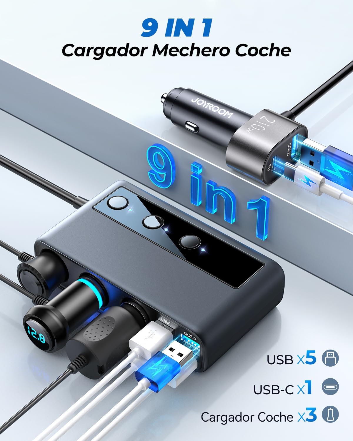 JOYROOM 210W 9-en-1 Divisor Encendedor Cigarrillos,【2025 Nuevo】 12V/24V Divisor Salida 3 Socket Cigarette Lighter Splitter con 36W PD/QC 3.0, 5 Puertos de Carga USB & Voltímetro LED para iPhone 16