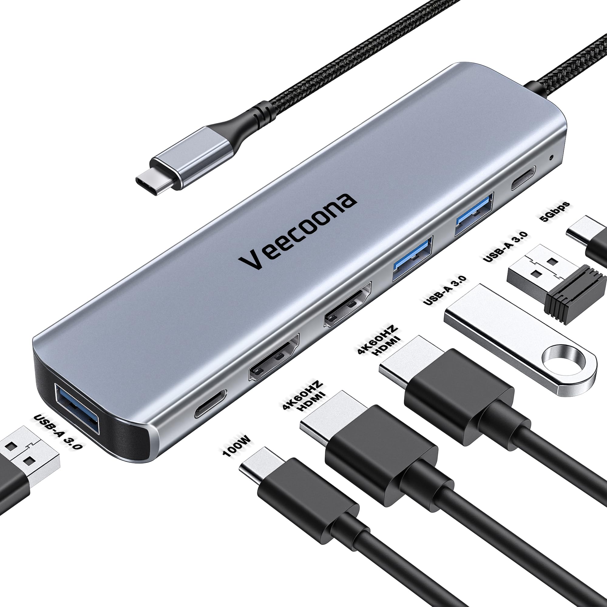 USB C to Dual HDMI Adapter, 7 in 1 Docking Station Dual Moni