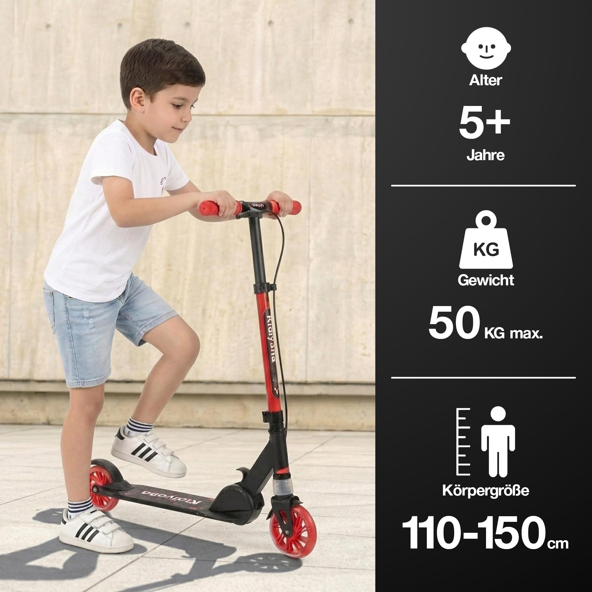 Kinderroller Scooter ab 5 Jahren bis 50 kg – Tretroller für Jungen & Mädchen mit 120 mm PU-Leuchträdern, ABEC-5 Kugellager, Handbremse & Stoßdämpfung, klappbar & höhenverstellbar