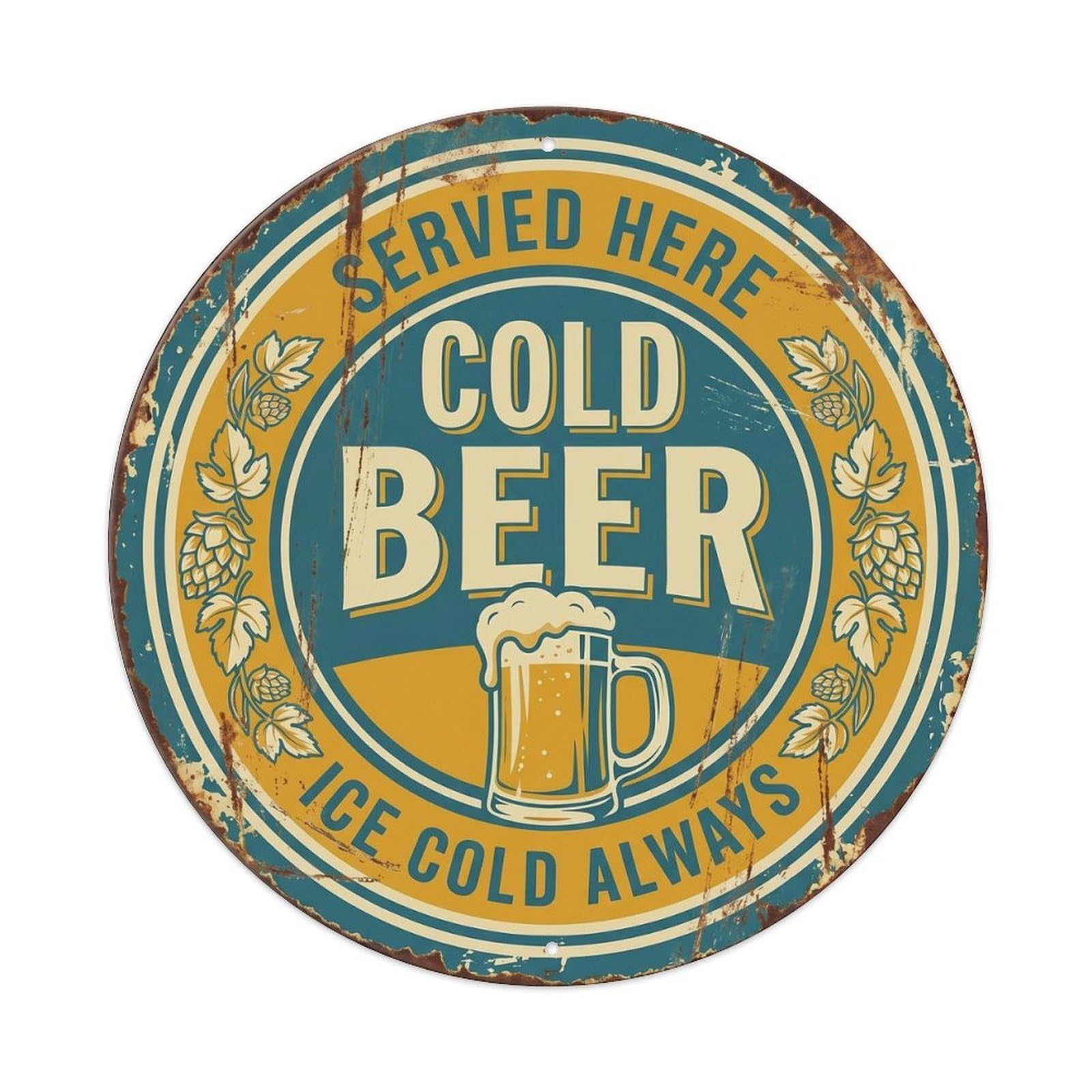 Cold Beer Served Here Vintage Round Bar Decor Retro Bar Slogans Metal Tin Sign Plaque Wall Decor for Cafe, Club Bar, Office, Home Garden Round Metal Poster 8x8Inch