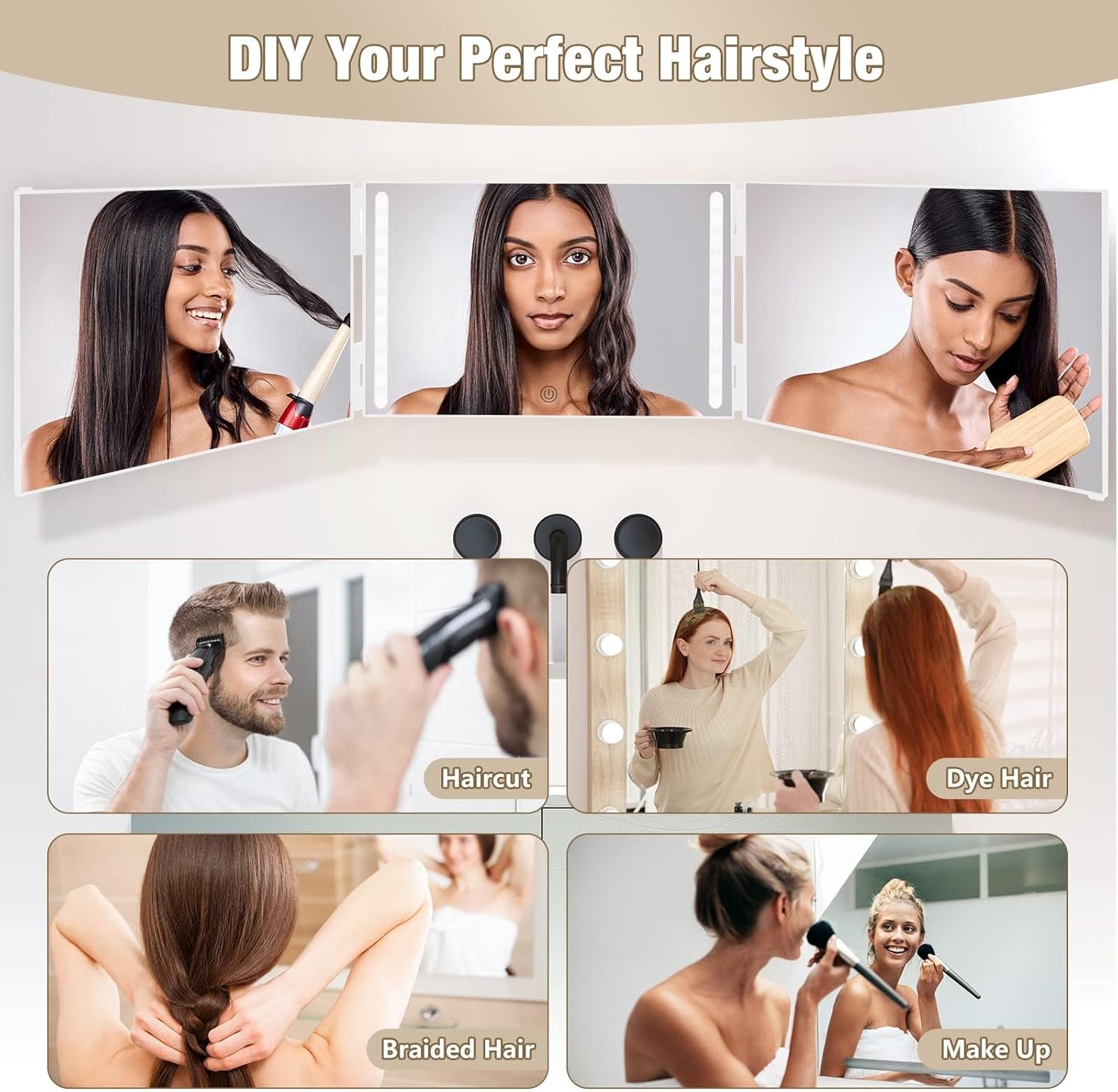 Dripex 3 Way Mirror with Led Lights for Men or Women, 360° Trifold Self Haircut Mirror with Height Adjustable Hooks, for Makeup, Styling, Shaving, Braiding, Dye Hair (White with Led)