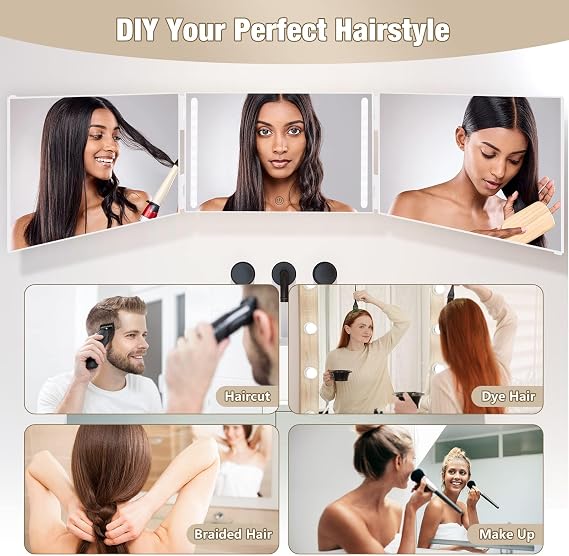 Dripex 3 Way Mirror with Led Lights for Men or Women, 360 Trifold Self Haircut Mirror with Height Adjustable Hooks, for Makeup, Styling, Shaving, Braiding, Dye Hair (White with Led)