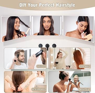Dripex 3 Way Mirror with Led Lights for Men or Women, 360 Trifold Self Haircut Mirror with Height Adjustable Hooks, for Makeup, Styling, Shaving, Braiding, Dye Hair (White with Led)