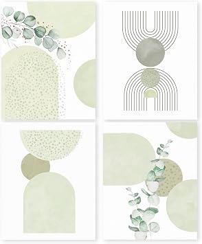 HRQKO Boho Sage Green Line Wall Art Poster Prints Set of 4, Green Wall Art, Mid Century Geometric Artwork Printing Posters Wall Decor, Bohemian Leaves Wall Art Prints for Living Room 8x10 Unframed