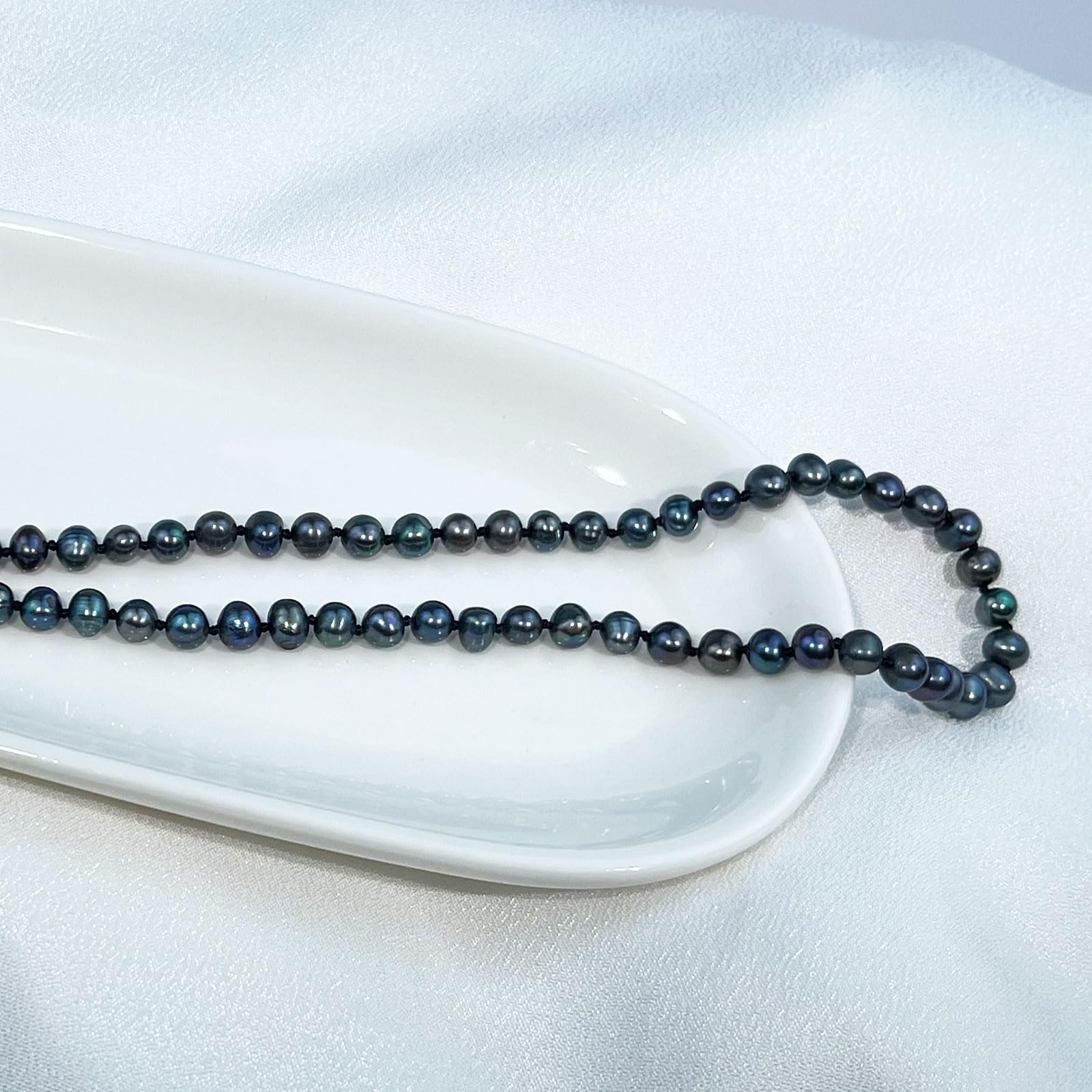YAMI Collar de perlas negras, 5,5-6 mm, perlas redondas naturales cultivadas en agua salada con cierre de plata de ley 925, elegante, 18 + 2