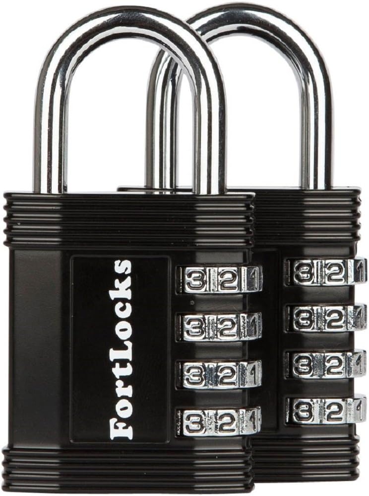 FortLocks Padlock - 4 Digit Combination Lock for Gym Outdoor & School Locker, Fence, Case & Shed – Heavy Duty Resettable Set Your Own Combo – Waterproof & Weatherproof (2 Pack - Black)
