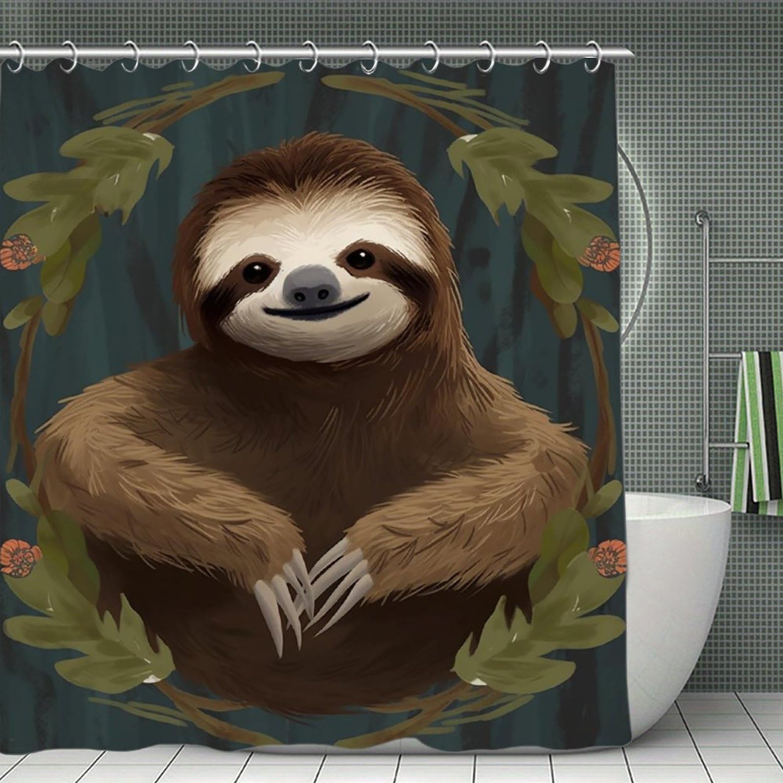 QMNLKH Sloth Shower Curtain with Hooks, Waterproof Bath Curtains for Bathroom, Lightweight Bath Curtains Liner for Hotel, Personalized Bath Curtain for Spa, 70.8 Inch