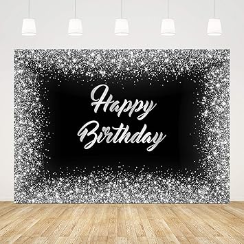 Happy Birthday Backdrop for Adult Party Black and Silver Birthday Background for Photography 7x5ft Glitter Birthday Backdrops for Adults Kids Teens 16th 30th 40th 50th 60th Cake Table Photobooth Props