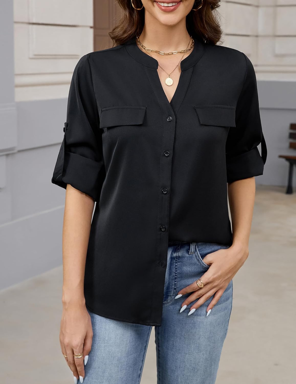 AGSEEM Button Down Shirts for Women Dressy Floral Printed Long Sleeve Blouse Business Casual Work Tops - Image 6