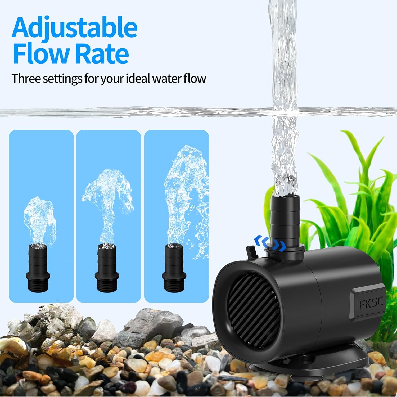 225 GPH Submersible Fountain Pump – Adjustable Flow, Dual-Suction Side/Bottom Intake, Ultra‑Quiet with Thermal Protection – Ideal for Fish Tanks, Ponds, Aquariums, Statuary & Hydroponics (Black)