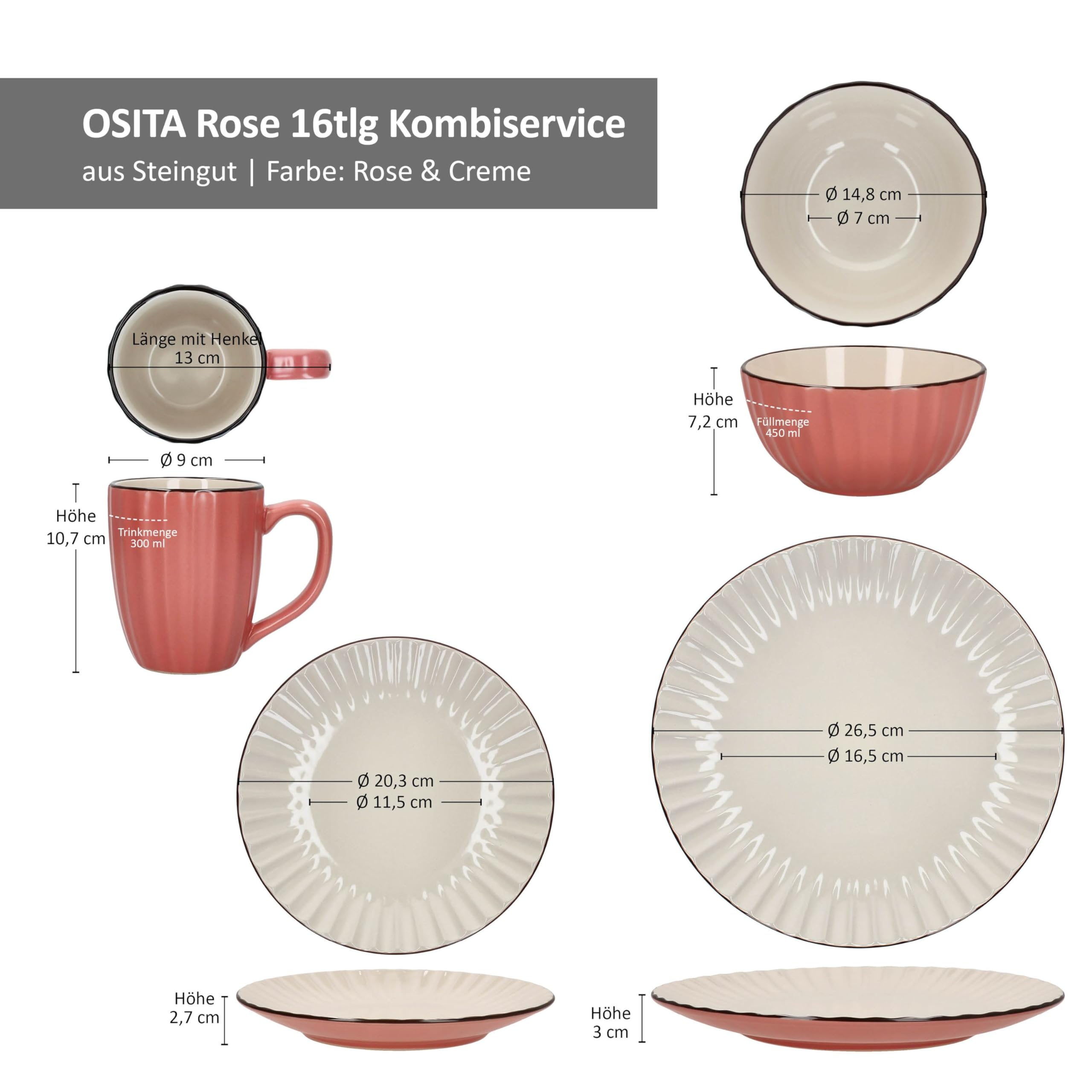 MÄSER OSITA Rose 16-częściowy serwis kombi dla 4 osób, różowy i kremowy zestaw naczyń z kamionki, po 4 kubki do kawy 300 ml, miski 450 ml, talerze do ciasta i talerze obiadowe, z reliefem