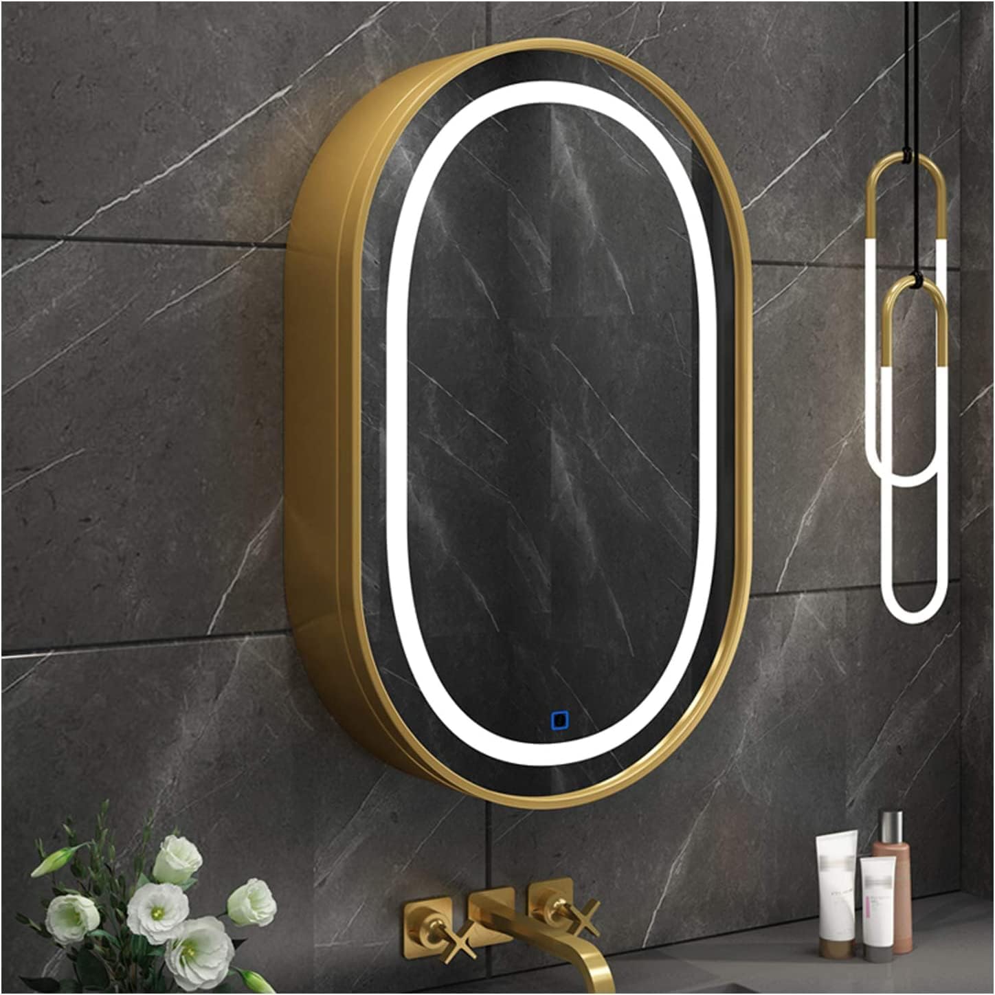 Oval LED Lighted Mirror Cabinet, Wall-Mounted Bathroom Medicine Cabinet, Touch Button, Slow Close Hinge, 19.7x31.5 in,Gold,with Light