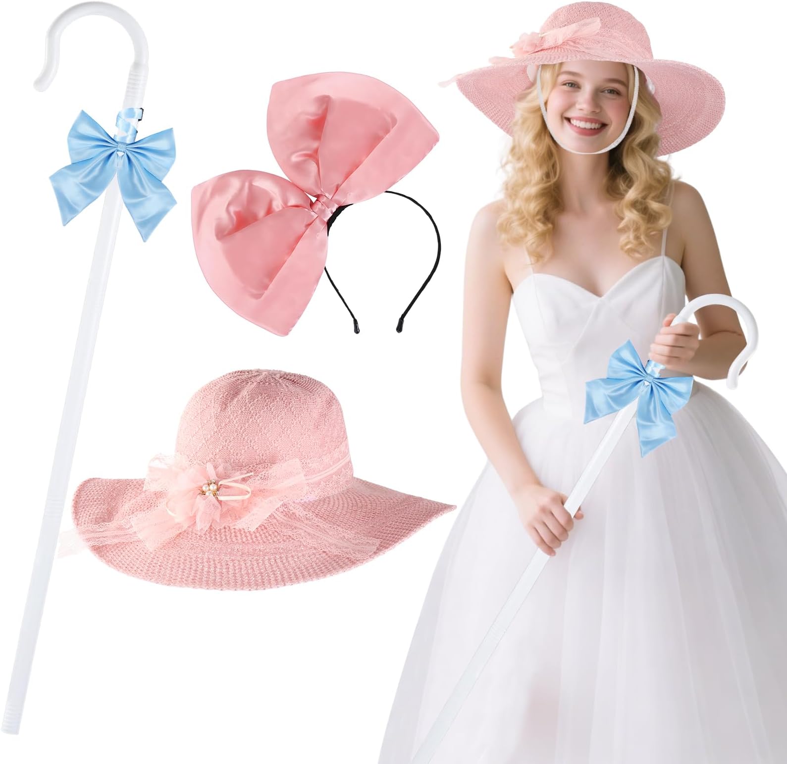 4 Pcs Halloween Shepherdess Costume Include Vintage Fashioned Hat Shepherds Staff Bow Headband and Bowie for Women Halloween Party Cosplay Dress Up