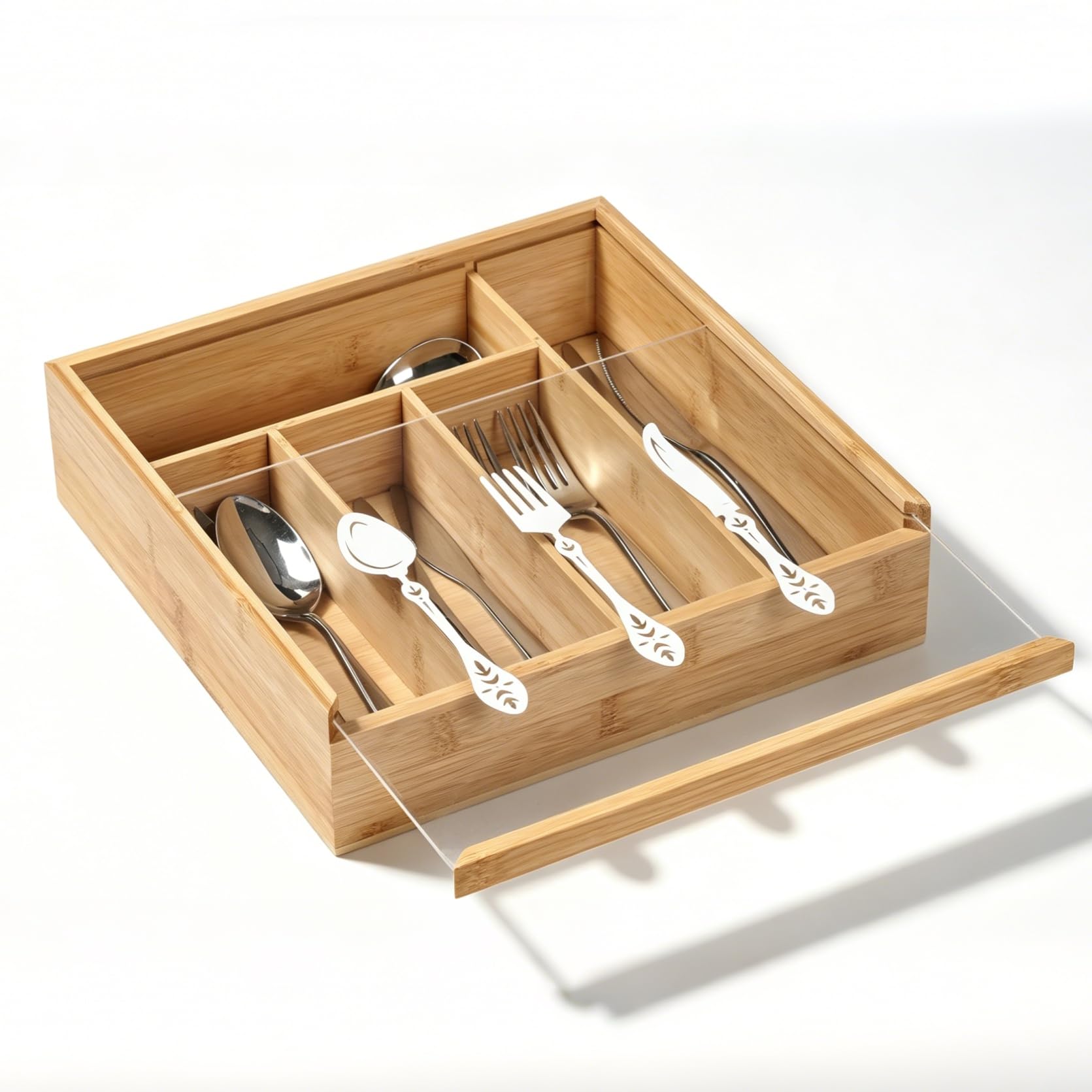 Drewniany zestaw na sztućce z pokrywą, 5 przegród na sztućce, 30x30x8cm organizer na sztućce do stołu i szuflady, drewniany uchwyt na sztućce z dekoracyjnym wzorem