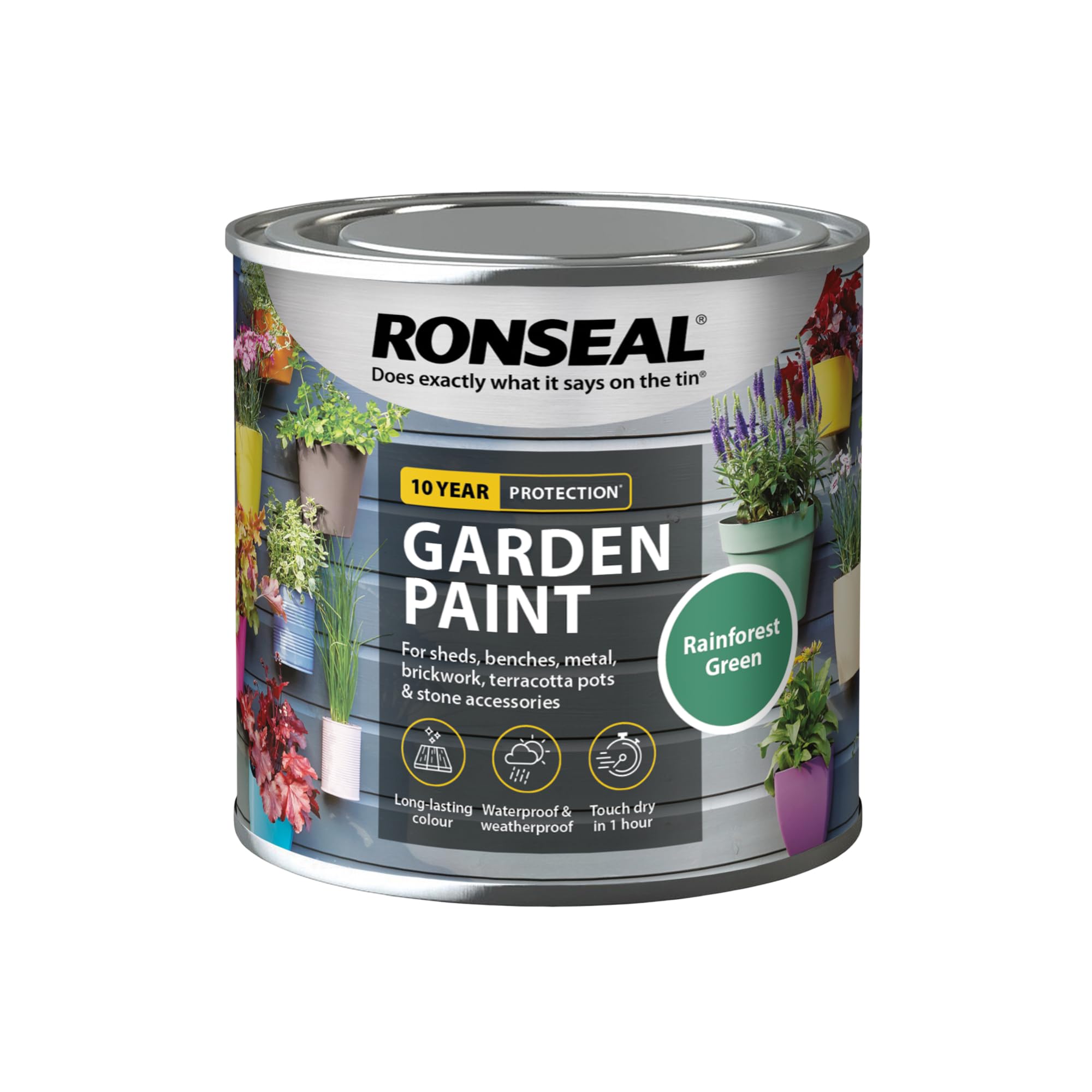 Ronseal Garden Paint in rainforest green, 250ml tin, suitable for adding colour to wood, brick, terracotta and metal surfaces in outdoor garden environments.