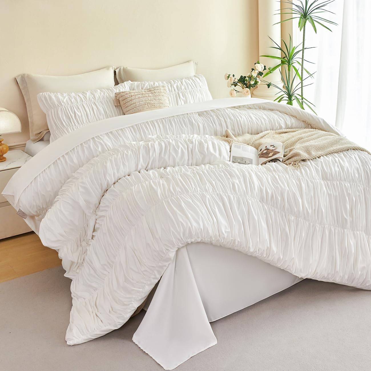 PERFEMET White Bedding Full Size Set, 5 Pieces Fluffy Ruched Comforter Set (79"x90"), Luxury Soft Boho Chic Ruffled Bed in a Bag with Sheet, All Season Farmhouse Pleated Texture Bed Sets(White, Full)