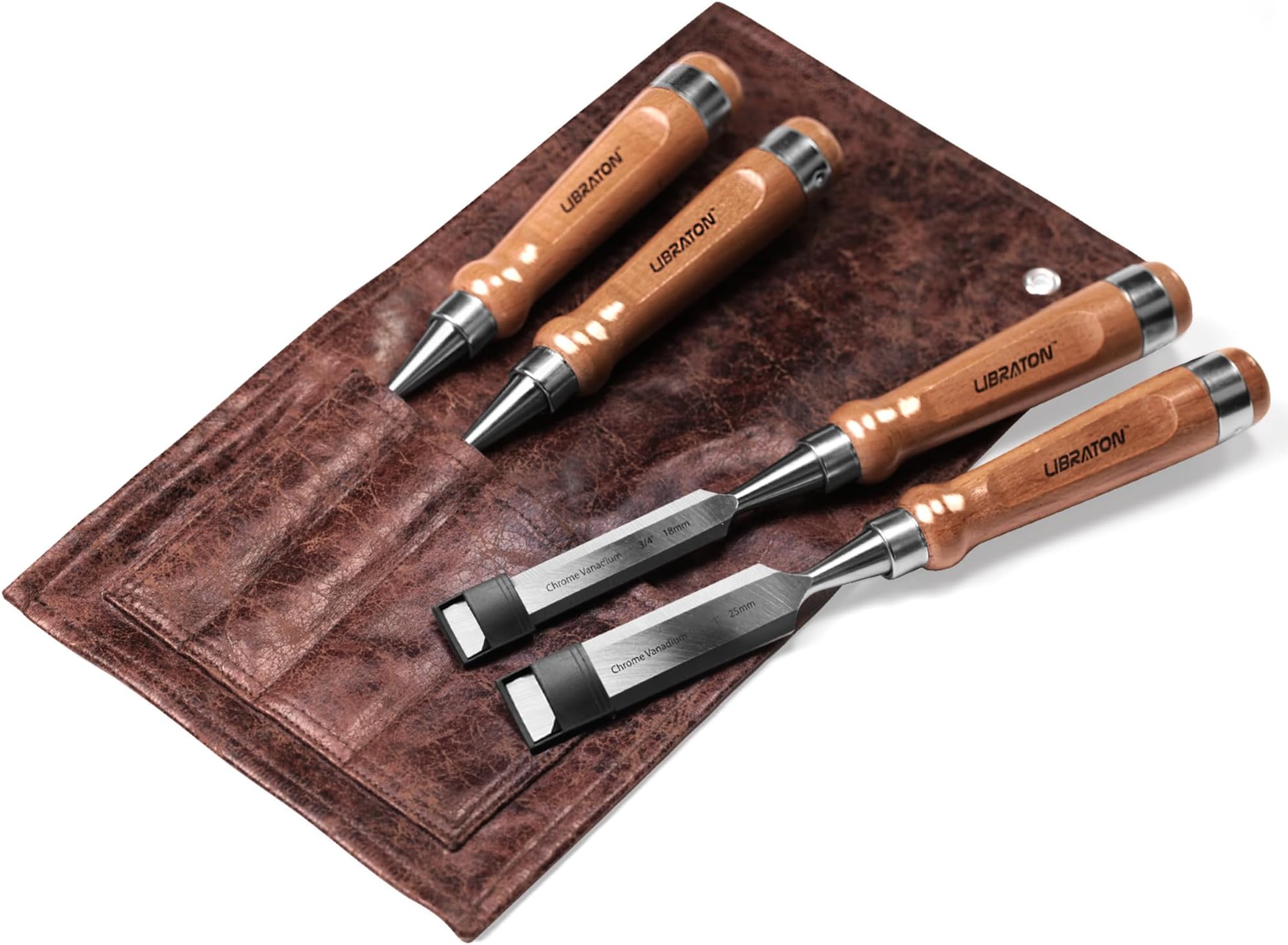 Libraton Chisel Set, 4PCS Wood Chisel Set with Storage Pouch, Ergonomic Handle for Woodworking, Wood Carving, and Sculpting