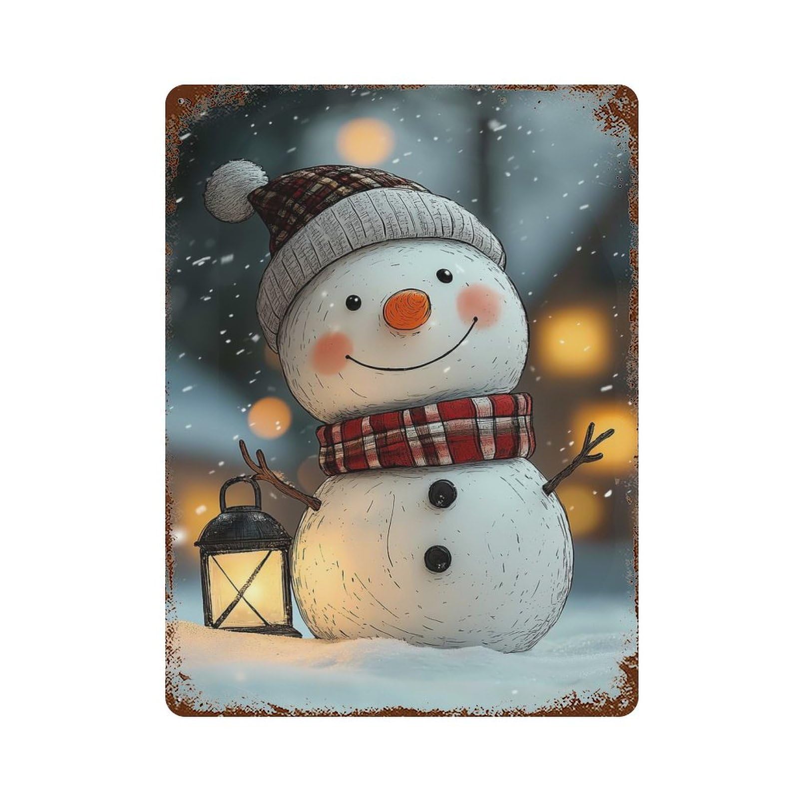 Garage Style Smiling Snowman in Winter Vintage Rust Metal Sign 15.7"x11.8", Industrial Home Decor for Bar And Workshop