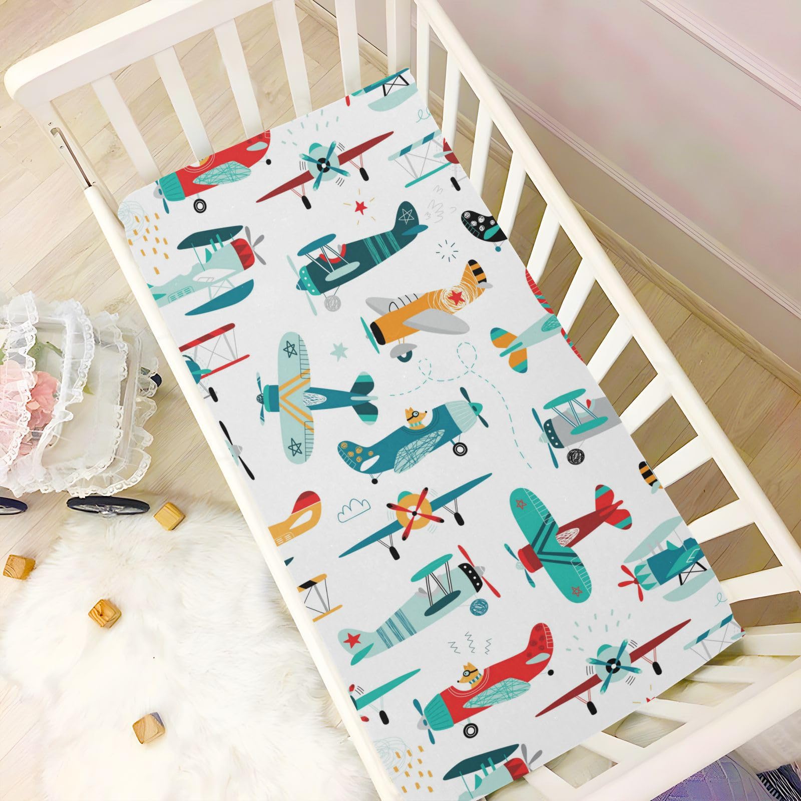 Pfrewn Crib Sheets for Boys Girls Airplanes Pattern Fitted Crib Sheet Fits Standard Crib Mattress Pads Stretch Soft Toddler Baby Sheet, 52x28x9IN