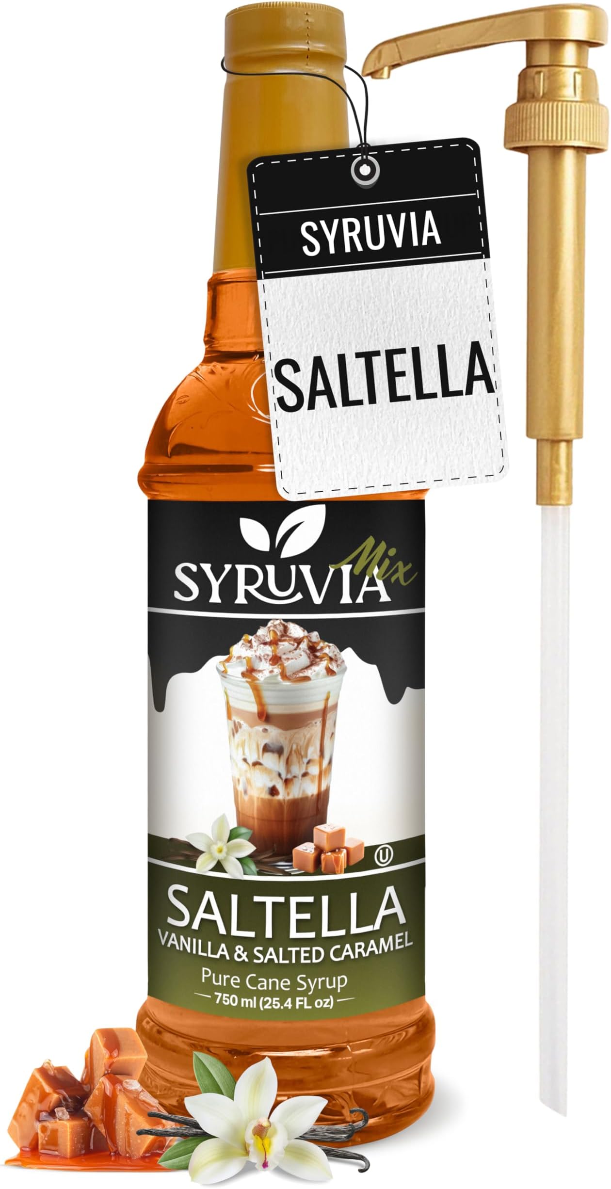 Syruvia SALTELLA Coffee Syrup Vanilla Salted Caramel - 25.4 fl oz - Kosher Syrups, Gluten Free With Pump