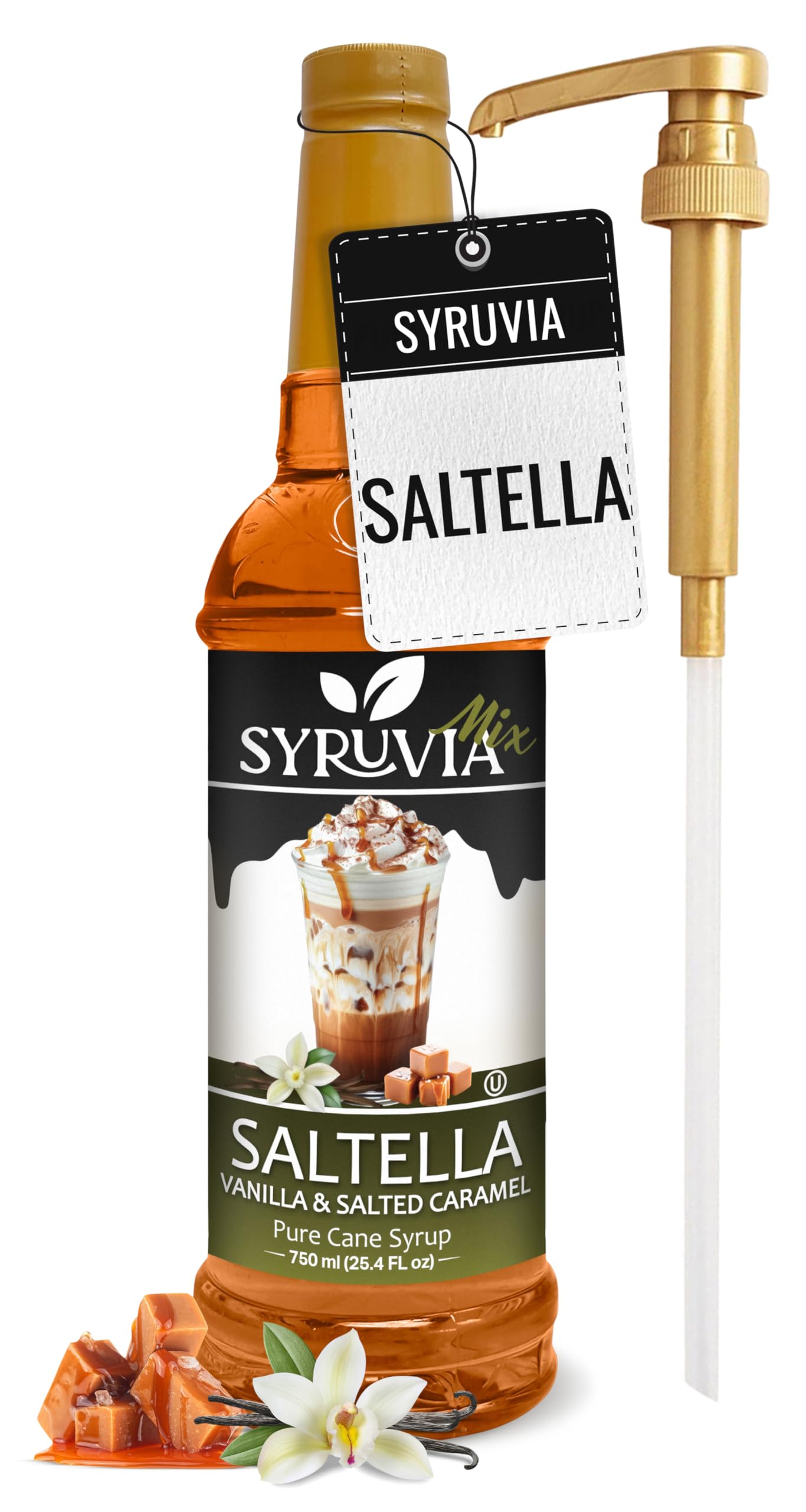 Syruvia SALTELLA Coffee Syrup Vanilla Salted Caramel - 25.4 fl oz - Kosher Syrups, Gluten Free With Pump