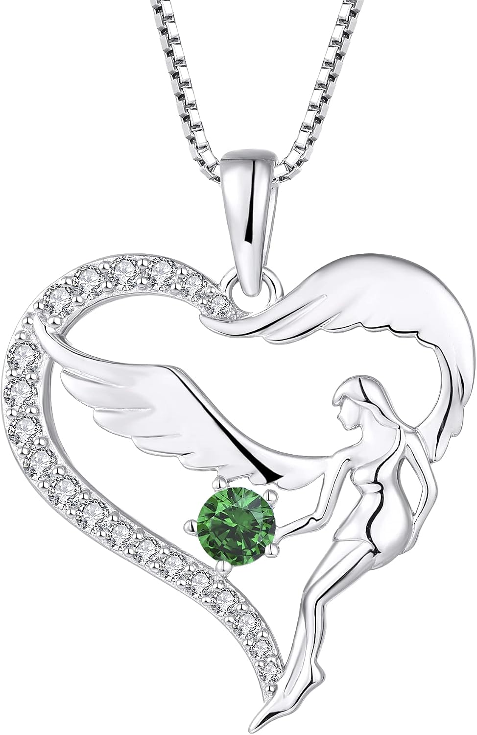 FJ Herz Schutzengel Halskette Damen 925 Sterling Silber Engelsflügel Kette Anhänger Geburtsstein Zirkonia Halskette Schmuck Geschenke für Frauen Mädchen