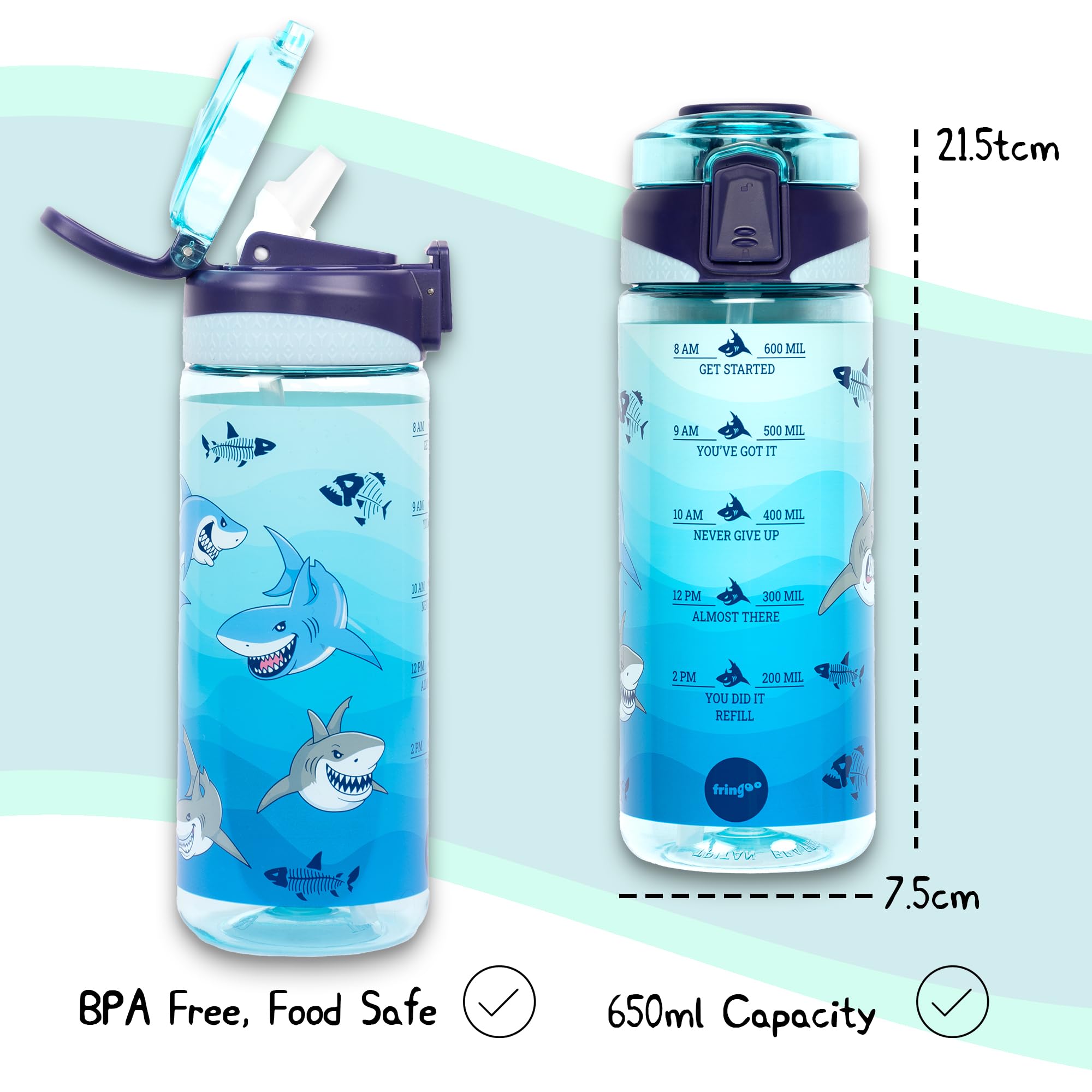 Fringoo, 650ml Kids Water Bottle, Carry Handle100% Leakproof & BPA Free Tritan Silicon Straw, Secure Flip Lock Lid - Image 2