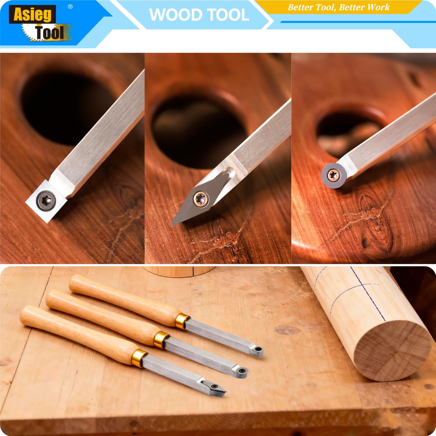 Mini Carbide Tipped Wood Lathe Turning tools Combo set Rougher Detailer Finisher with Wood Handle and Diamond Round Square Carbide Inserts，3pcs