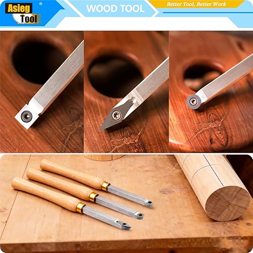 Miniatura 8 de Mini torno de madera con punta de carburo, herramientas de torneado, conjunto combinado de acabado de detallador más duro con mango de madera e