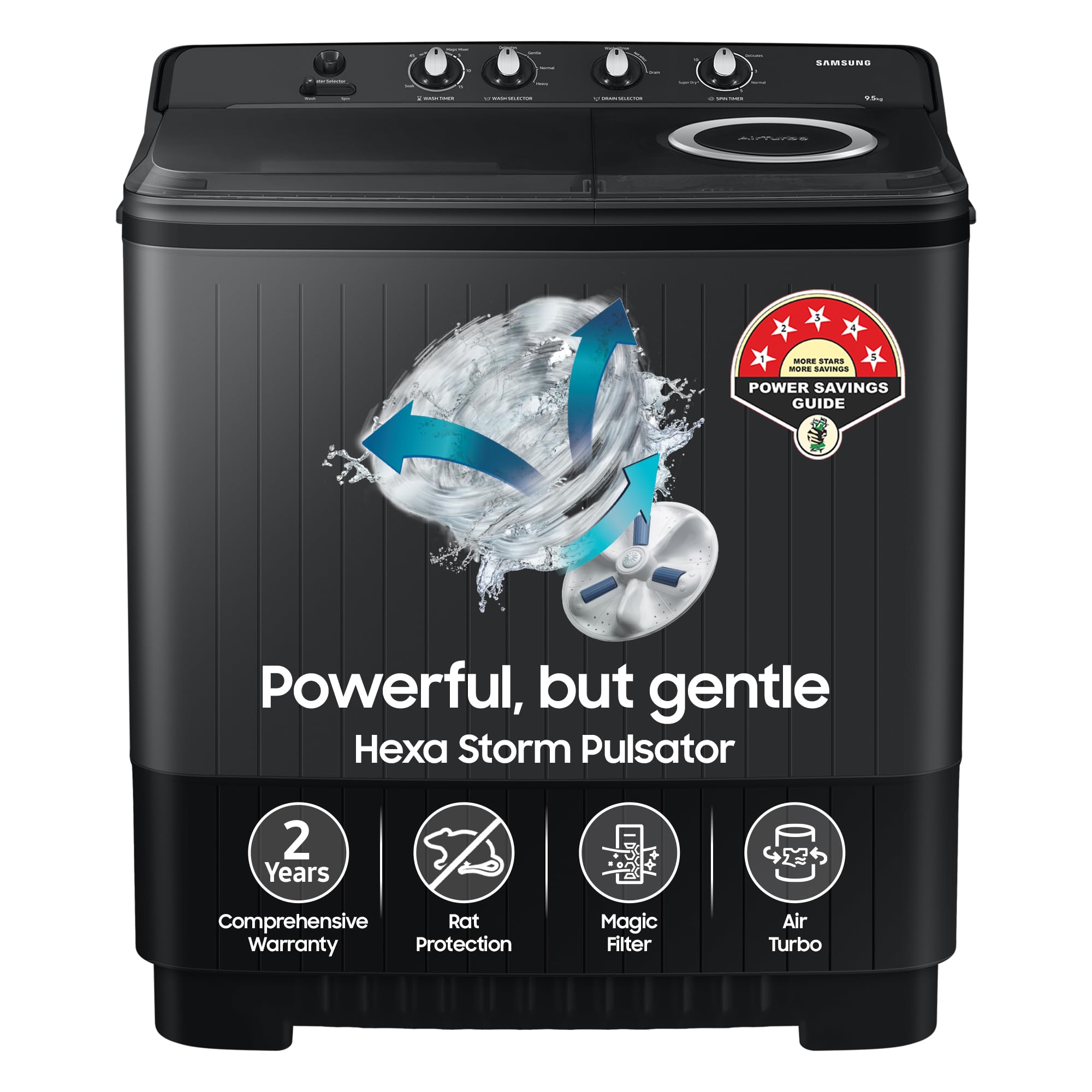Samsung 9.5 Kg, 5 Star, Semi-Automatic Top Load Washing Machine (WT95A4260GD/TL, Air Turbo Drying, Dark Gray, Awarded as Washing Machine Brand of the year)