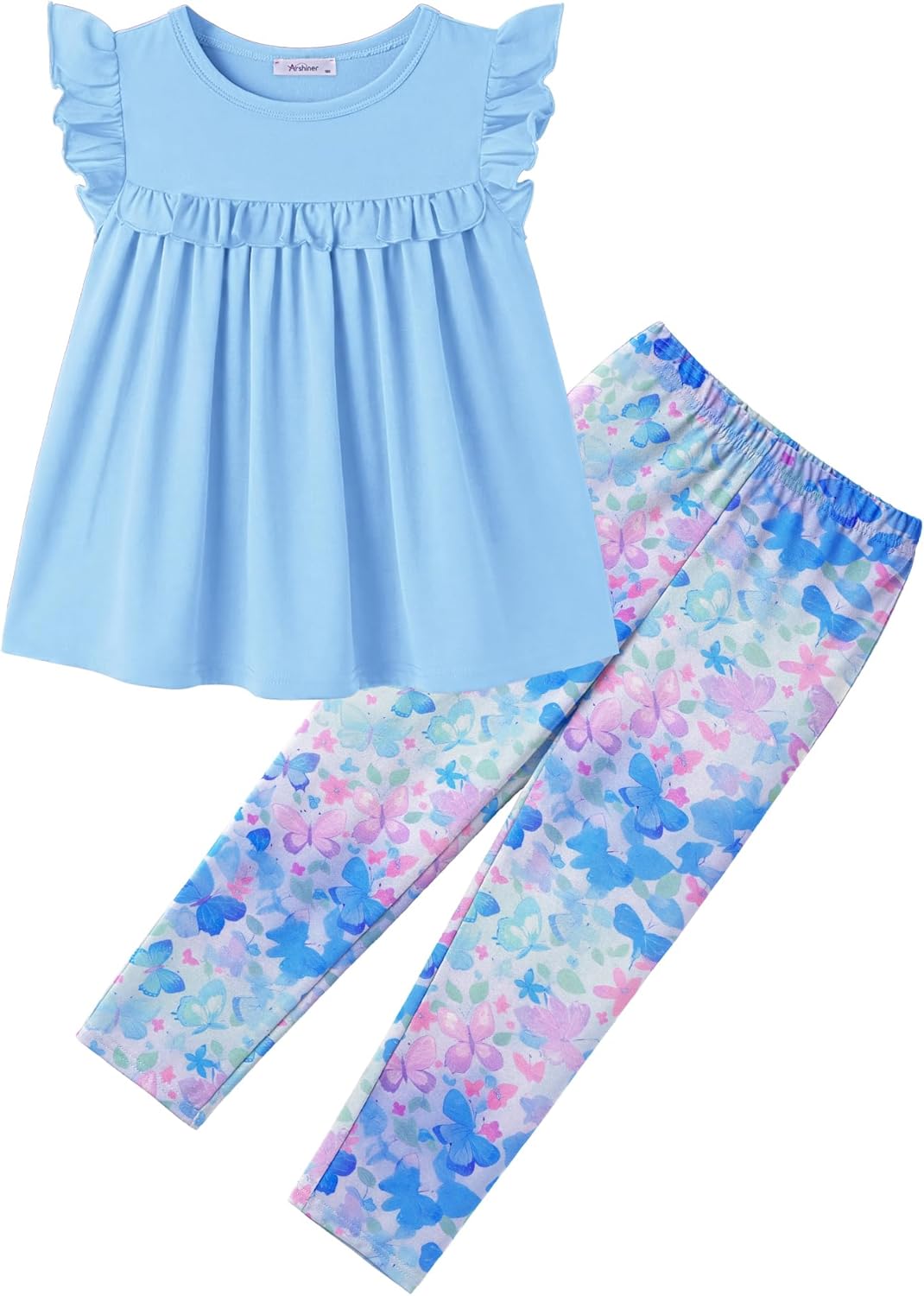 Arshiner Toddler Girls 2-Piece Outfits Ruffle Sleeve Tee & Elastic Waist Pants Kids Summer Clothing Set For 2–10 Years