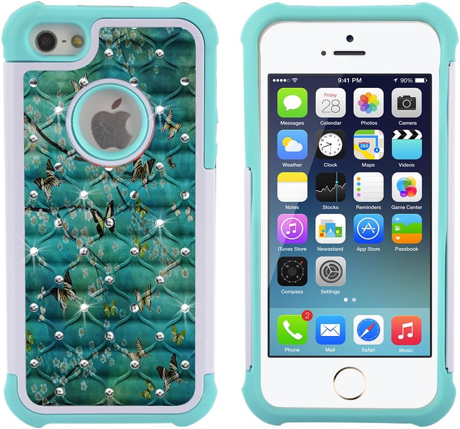 UrSpeedtekLive iPhone 5s Case, iPhone SE Case, [Shock Absorption] Dual Layer Hybrid Defender Protection Rhinestone Crystal Bling Cover Case for iPhone SE/5/5S, Butterfly