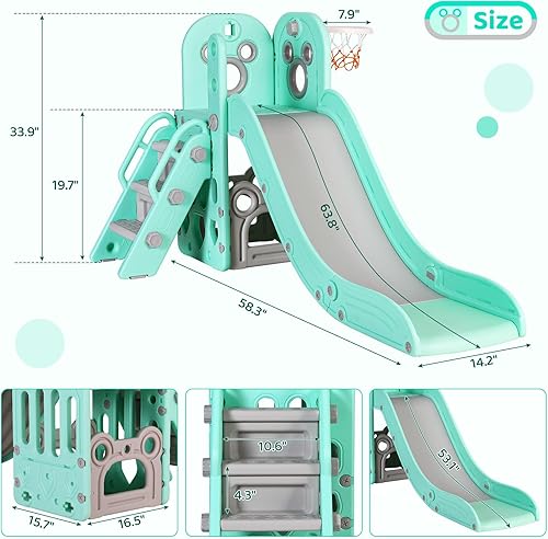Miniatura 2 de Arlopu Tobogán para niños en forma de L, 5 en 1 para niños pequeños, con pelota y aro, espacio de almacenamiento y pasos antideslizantes, juego de